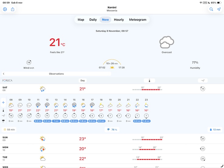 Koróni Hourly forecast 08 11 25